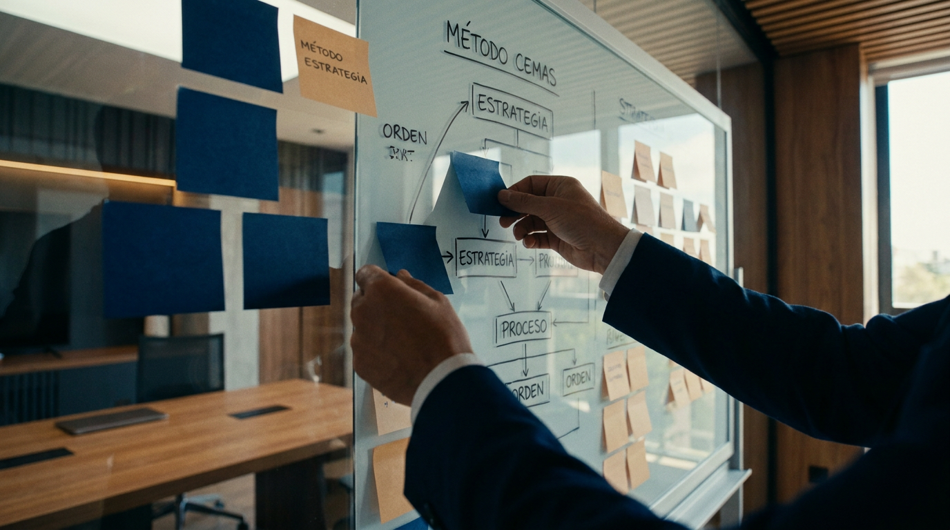 Manos organizando un diagrama de proceso con notas en una pizarra de vidrio